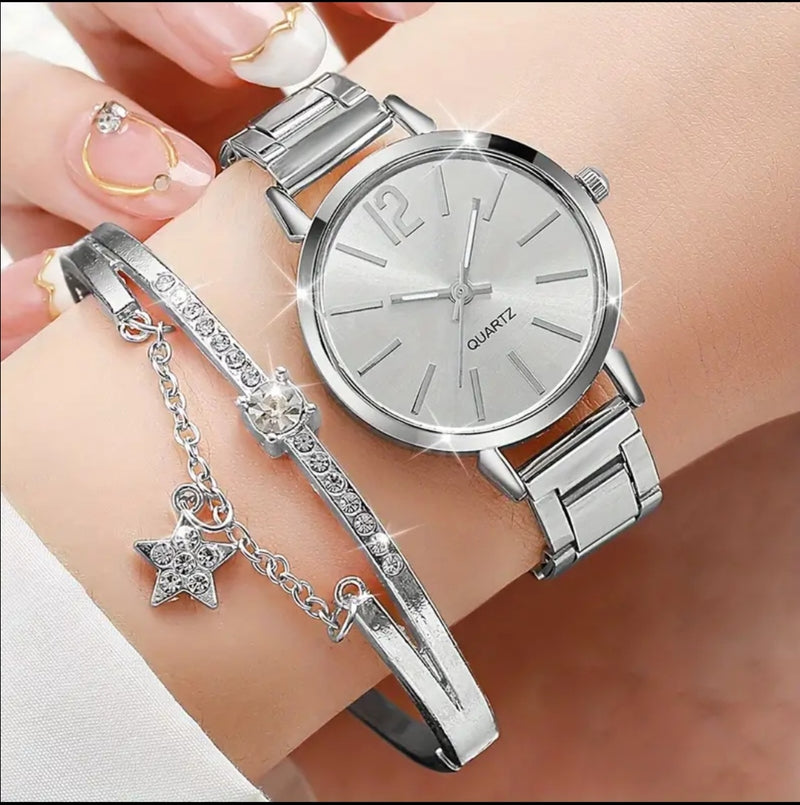 Combo 2pz reloj+pulsera esmeralda plata